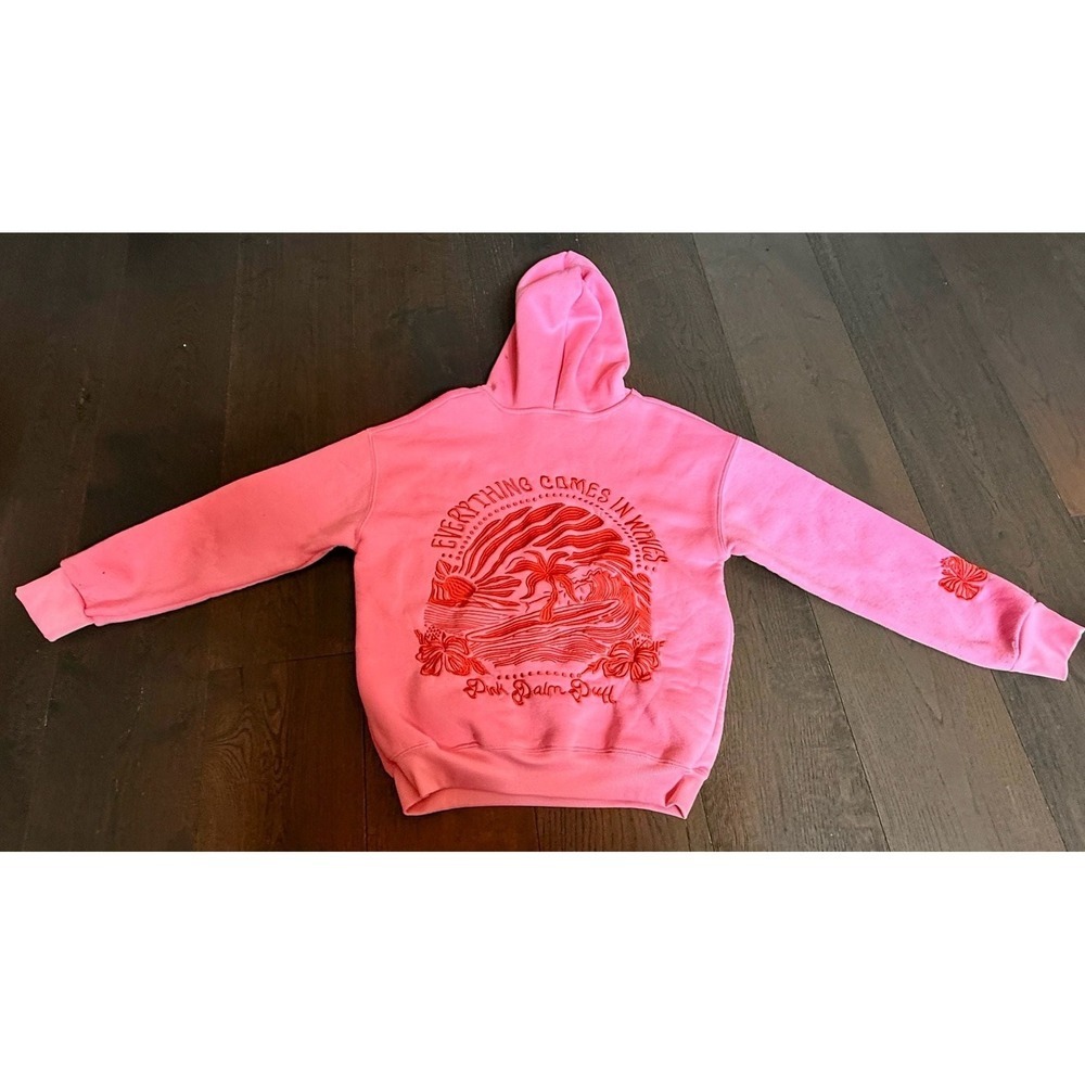 Pink Palm Puff Everything Comes in Waves Hoodie small